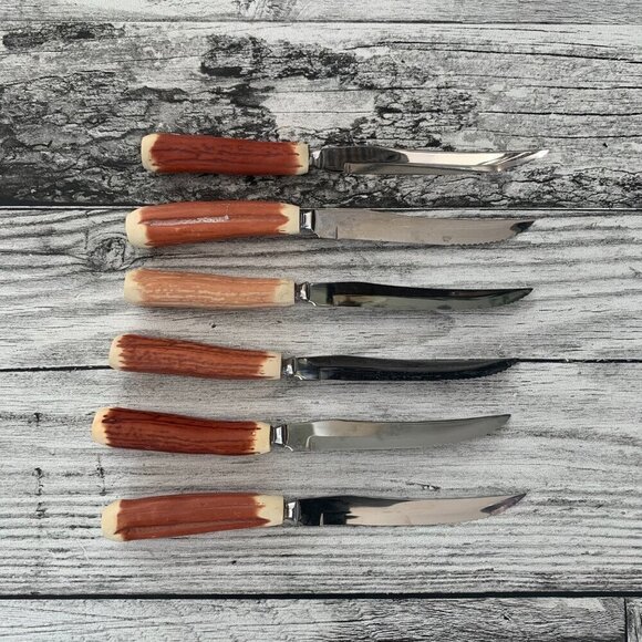 Vintage Cutron Stainless Steel Steak Knives Faux Antler Brown Set of Six in Box - Picture 5 of 7